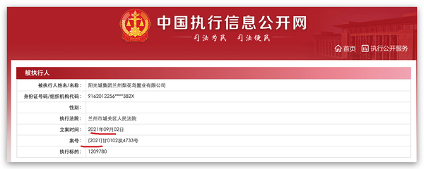 陽光城集團(tuán)蘭州梨花島置業(yè)被列為被執(zhí)行人，執(zhí)行標(biāo)的約121萬元